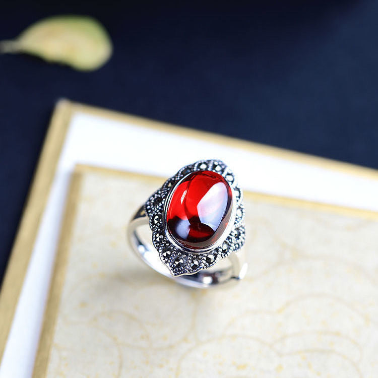 925 Silver Ring Red Jade Retro