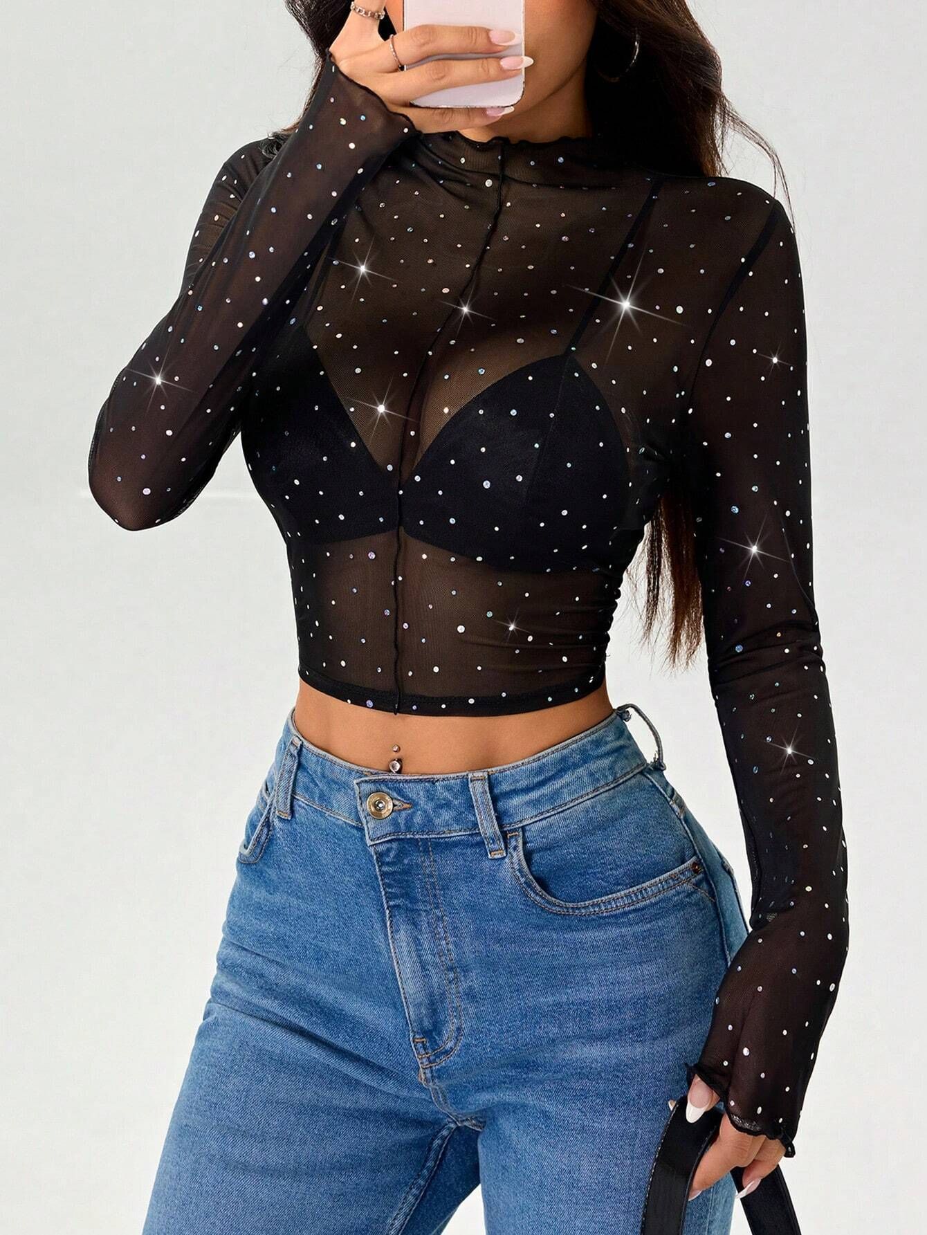 Stand-up Collar Long-sleeved Mesh Transparent Sequined Decorative T-shirt Top