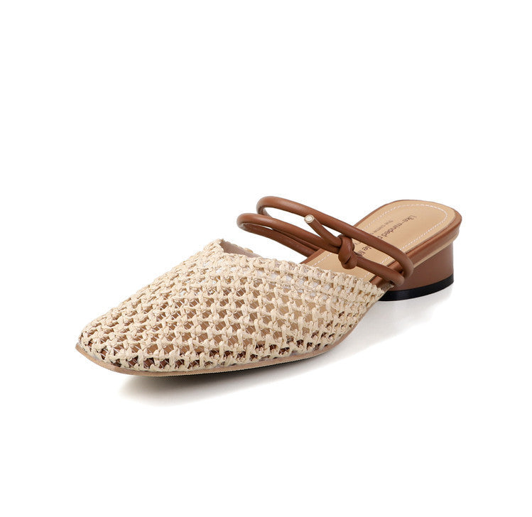 Women's French Style Square Toe Outdoor Hollow-out Breathable Retro Thick Heel Toe Box Half Slippers
