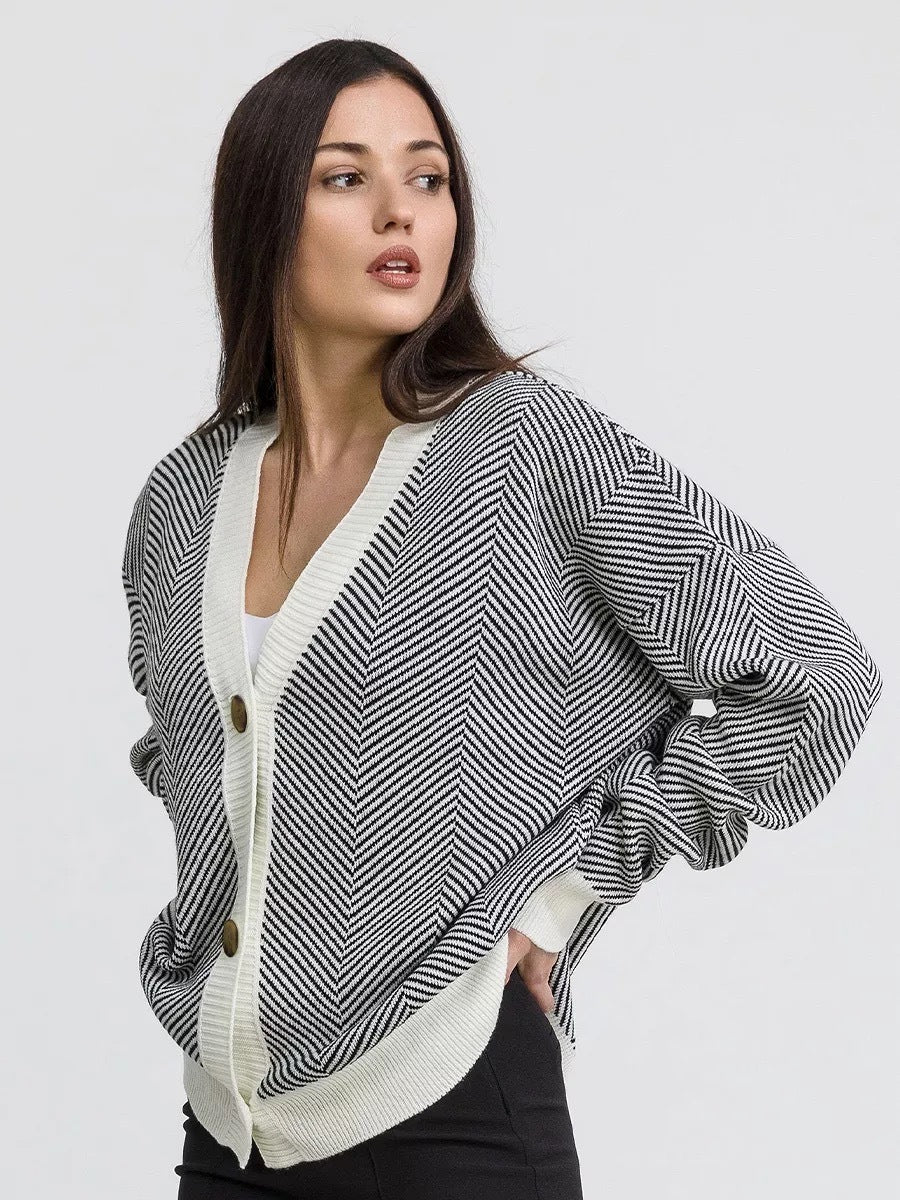 Contrast Striped Sweater Jacket, Long Sleeved Top