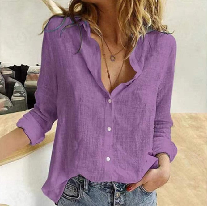 Spring And Autumn Solid Color Casual Loose Long Sleeve Linen Shirt For Women