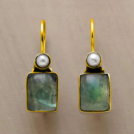 Fashion Square Green Stone Pearl-studded Earrings