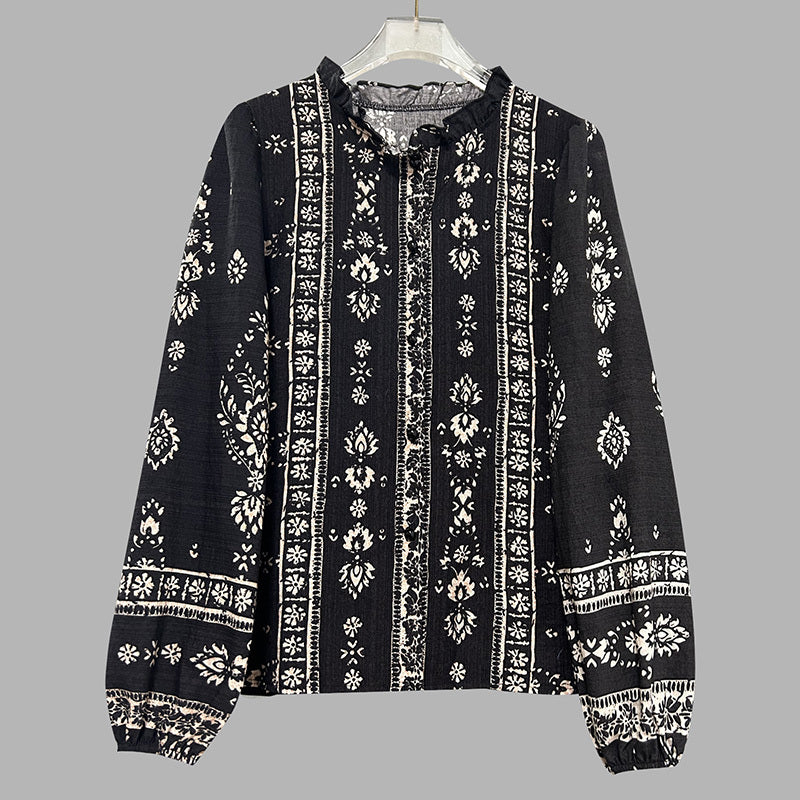 Women's Elegant Printed Blouse - Flowy Boho Shirt With Lantern Sleeves & Lace Trim, Vintage Ethnic Style Loose Top For Spring&Fall