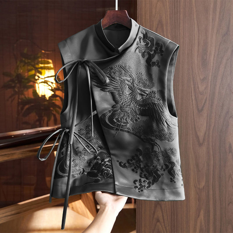 Chinese Style Vest Coat Retro Heavy Industry White Stork Embroidery Tie-neck