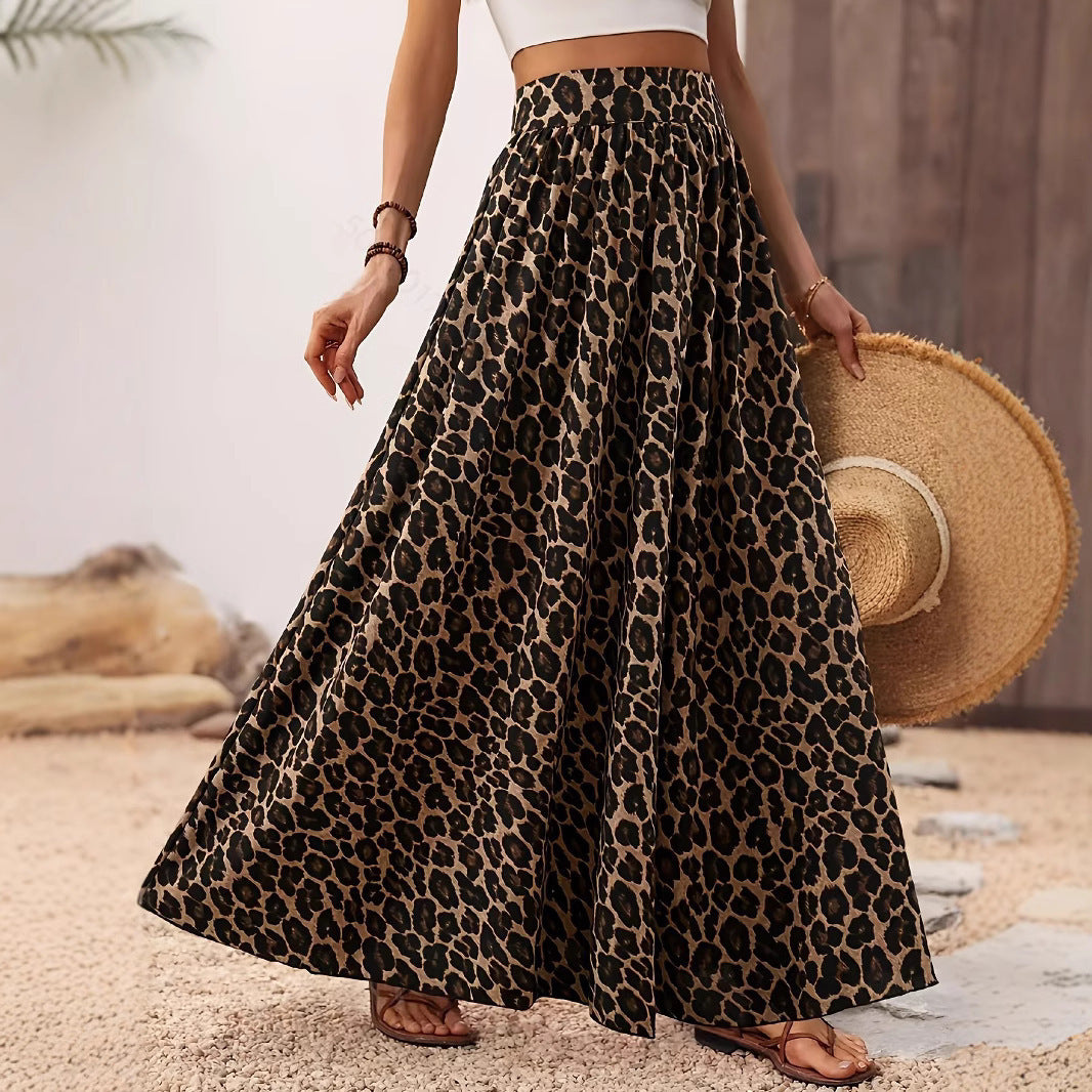 High Waist Midi Skirt Fabric Leopard Print
