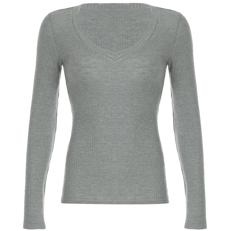 American V-neck Top Long Sleeve Shoulder T-shirt