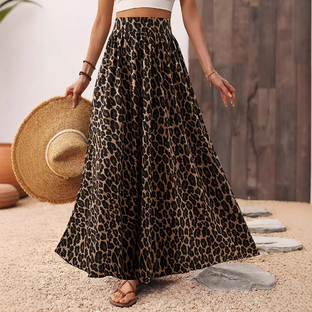 High Waist Midi Skirt Fabric Leopard Print