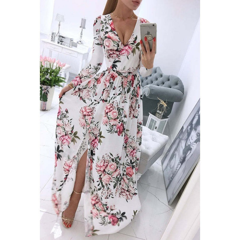 Long Sleeve Chiffon Printed Bohemian Dress Women