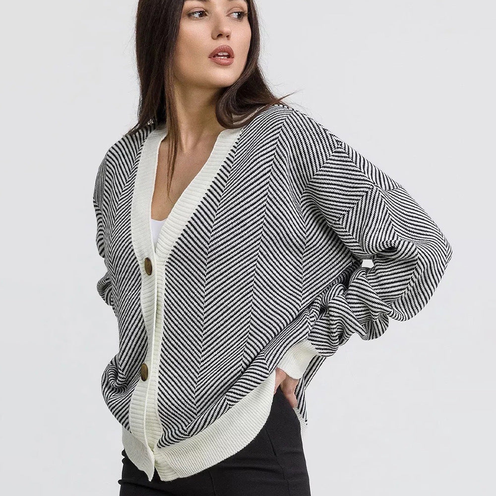 Contrast Striped Sweater Jacket, Long Sleeved Top