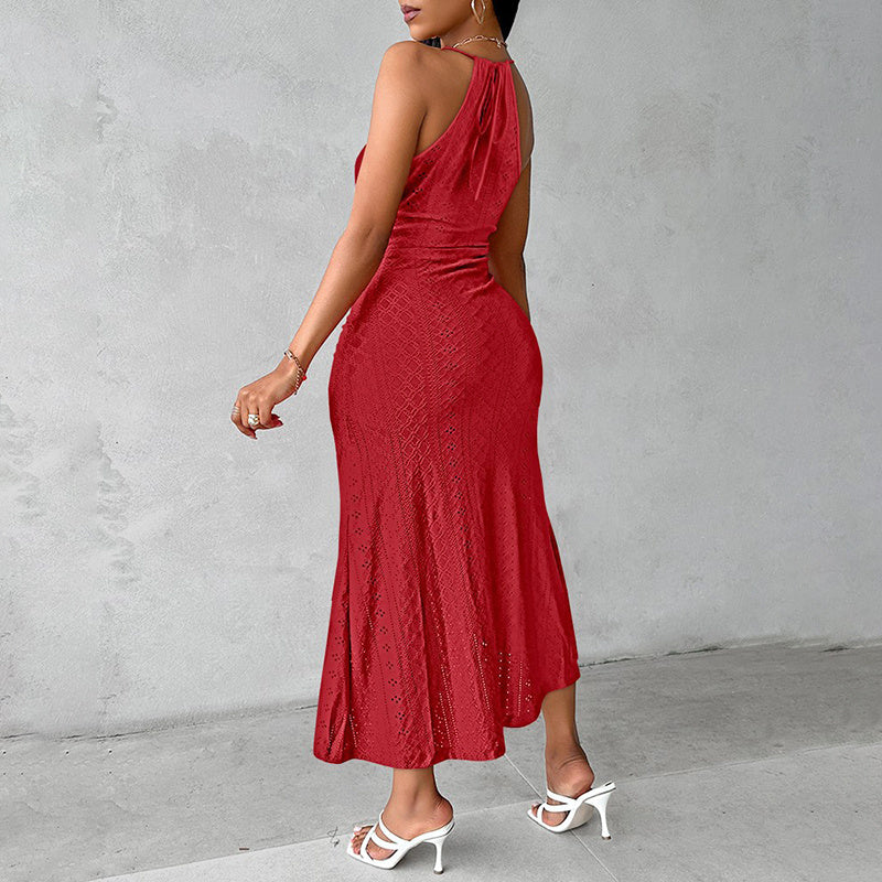 Women's Sexy Halter Neck Ruched Bodycon Midi Dresses Elegant Sleeveless Cocktail Party Dress