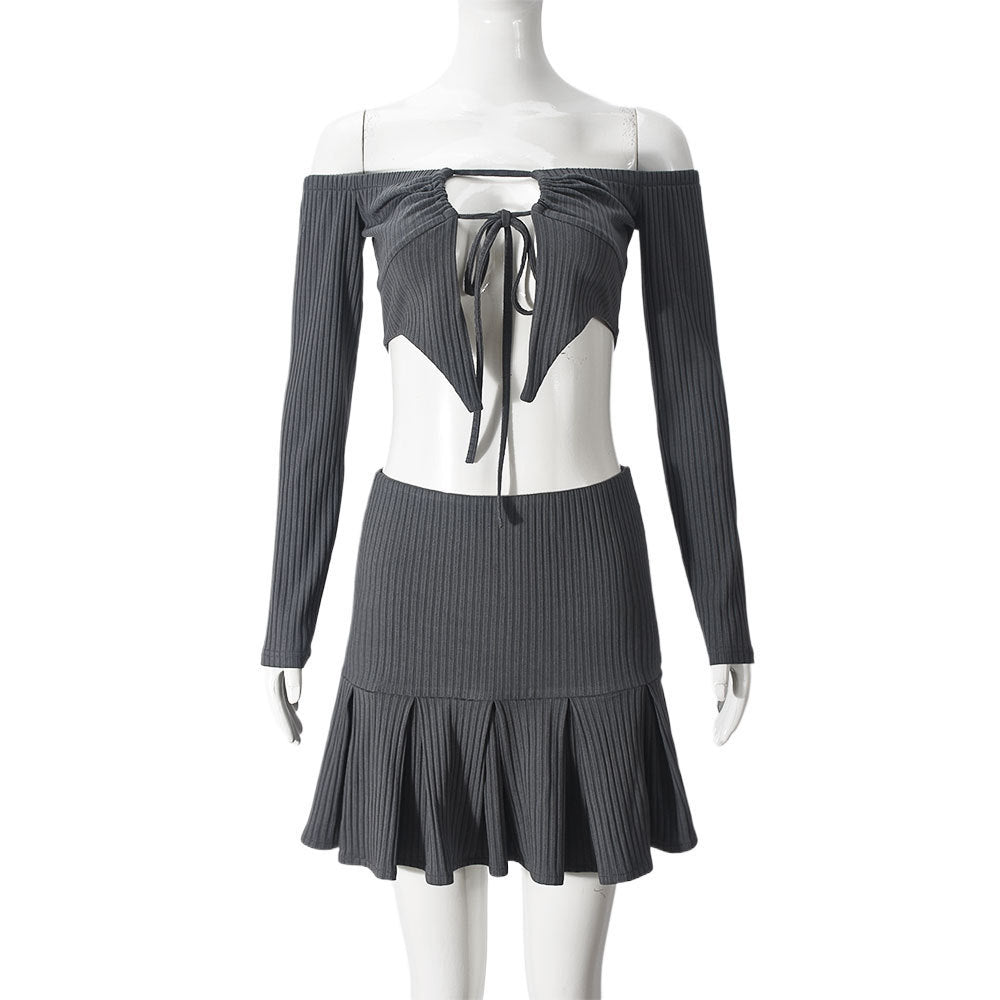 Female Hollowed Out One Collar Tied Top And Short Skirt Set