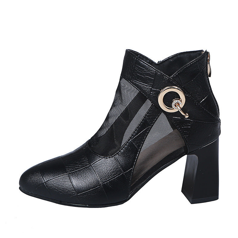 Large Size Boots Mesh Transparent Metal Buckle Thick Heel Short Boots