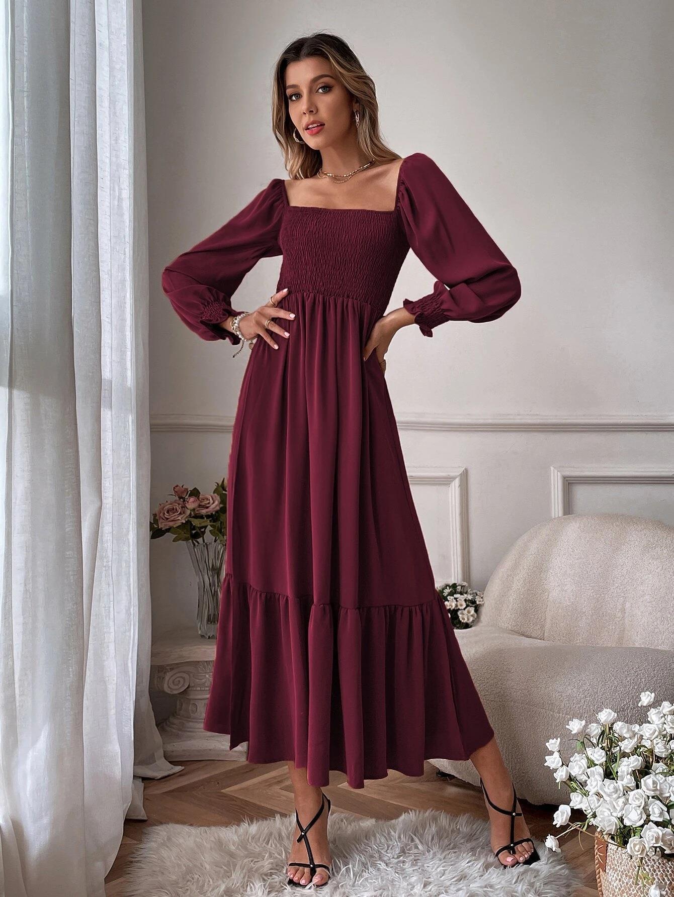 Pullover Square Collar Long Sleeve Ruffled High Waist Tight Temperament Dress