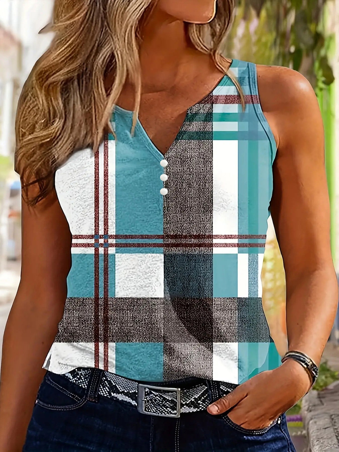 V-neck Buttons Sleeveless 3D Digital Casual Loose Vest