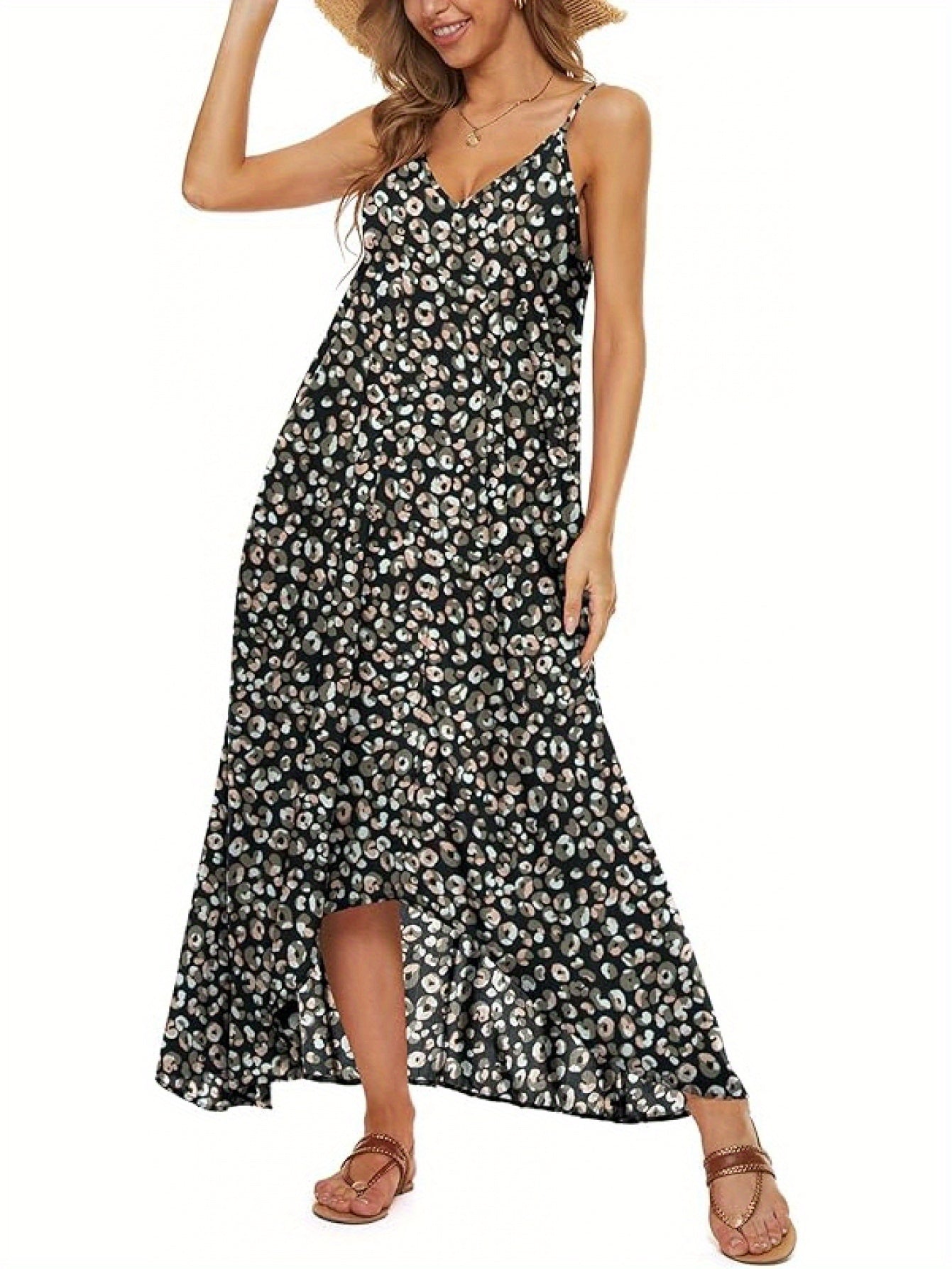 Dot Print Thin Shoulder Strap Bohemian Long Skirt