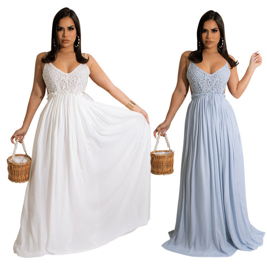 Solid Color Lace Strap Backless Chiffon Women