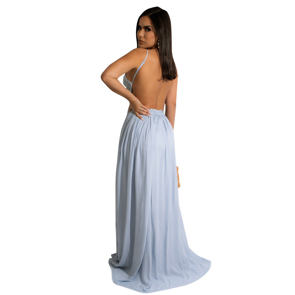 Solid Color Lace Strap Backless Chiffon Women