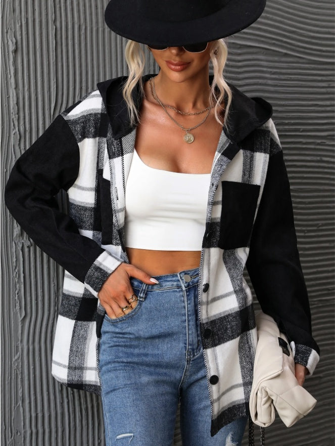 Plaid Print Drop Shoulder Hooded Coat