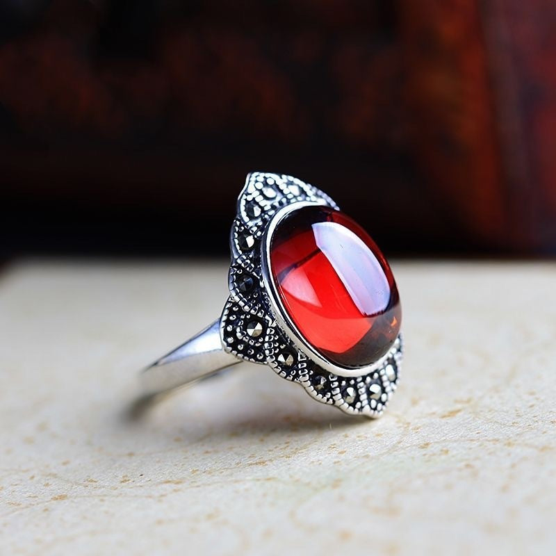 925 Silver Ring Red Jade Retro