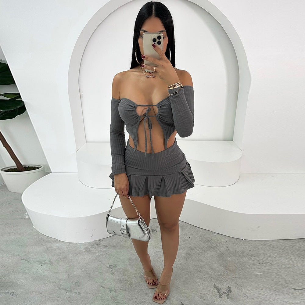 Female Hollowed Out One Collar Tied Top And Short Skirt Set