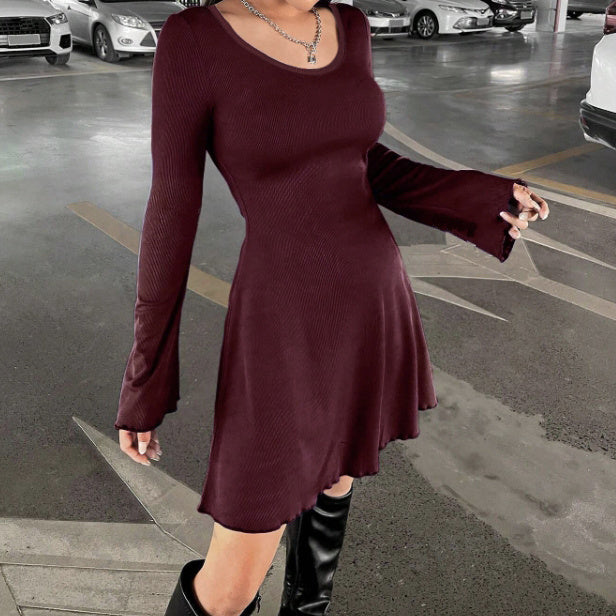 Ladies' Autumn And Winter New Item Solid Color Fashionable And Trendy Slim Fit Bag Buttocks, Black Fungus Cuffs Women's Dress