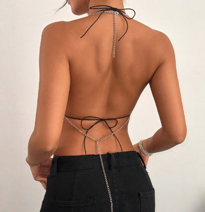 Sling Fishnet Rhinestone Halter Top Metal Decoration Two-piece Set