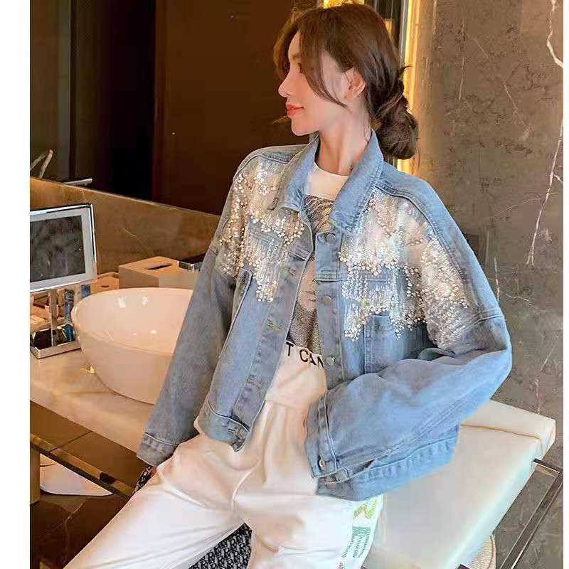 Splicing Beads Diamond Grenadine Loose Denim Jacket