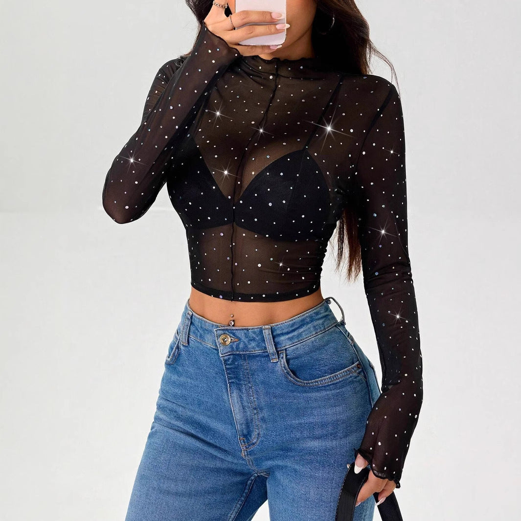 Stand-up Collar Long-sleeved Mesh Transparent Sequined Decorative T-shirt Top