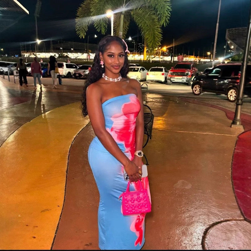 Contrast Color Floral Sexy Tube Top Dress