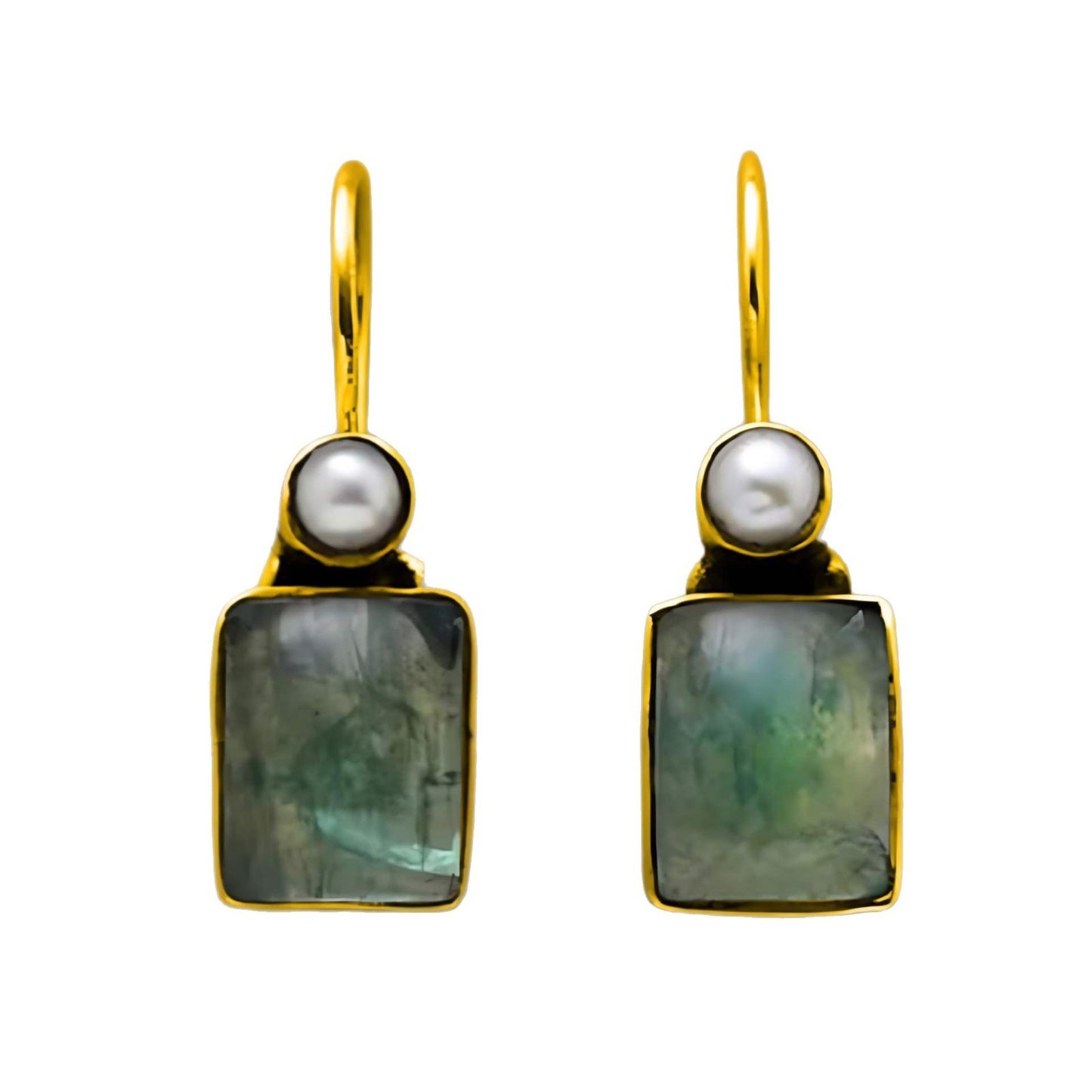 Fashion Square Green Stone Pearl-studded Earrings