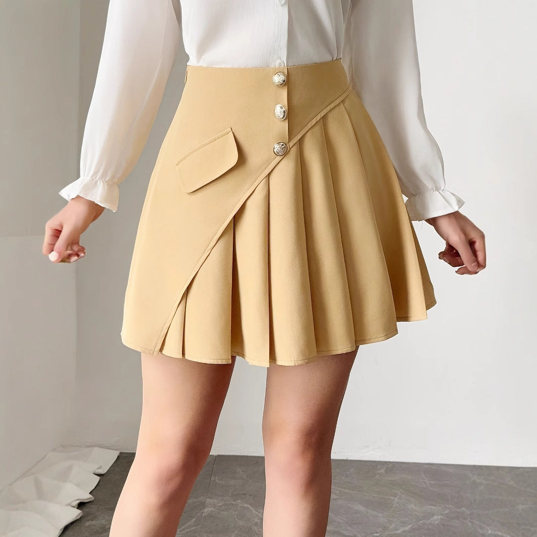 Solid Color Pleated Front Button Design, Women's Temperament Commuting A-line Skirt