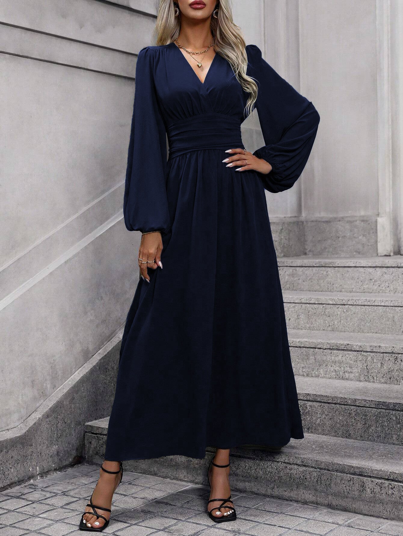 Lantern Sleeve Smocking High Slit Dress