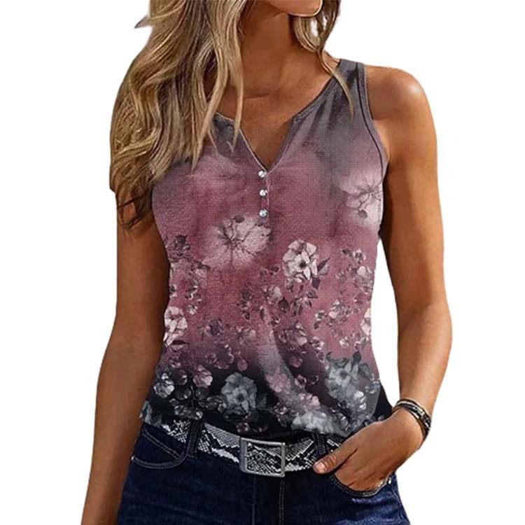 V-neck Buttons Sleeveless 3D Digital Casual Loose Vest