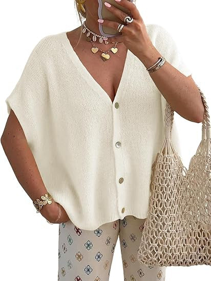 Short Sleeved V-neck Single Breasted Cardigan Sweater
