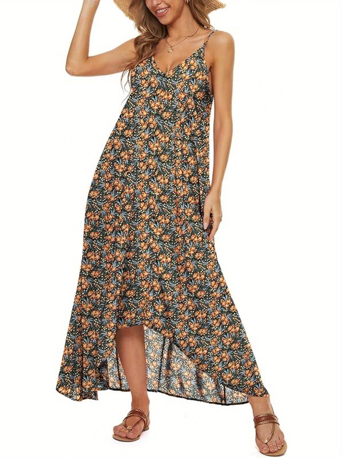 Dot Print Thin Shoulder Strap Bohemian Long Skirt