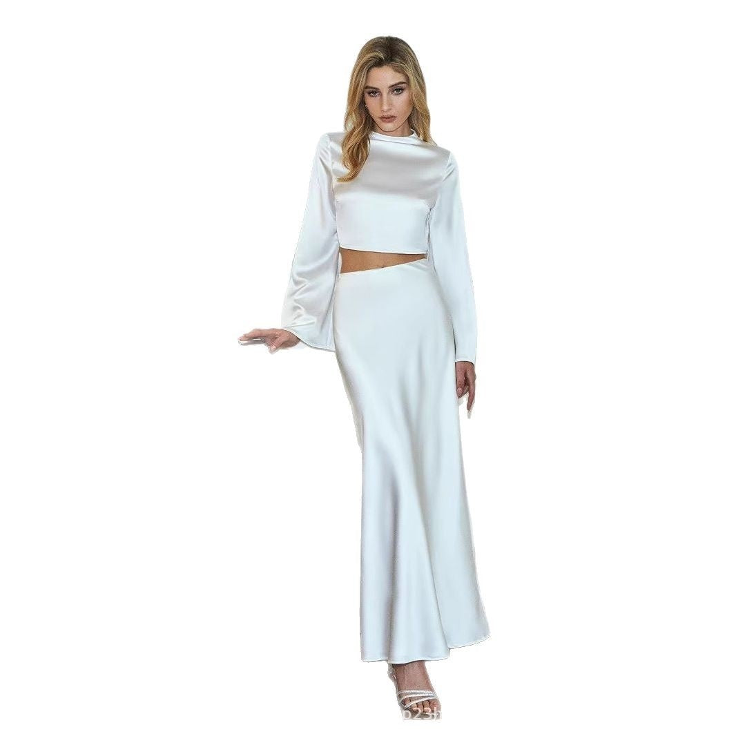 European And American Fashion High-grade Acetate Button Top Solid Color Suit Drape Skirt