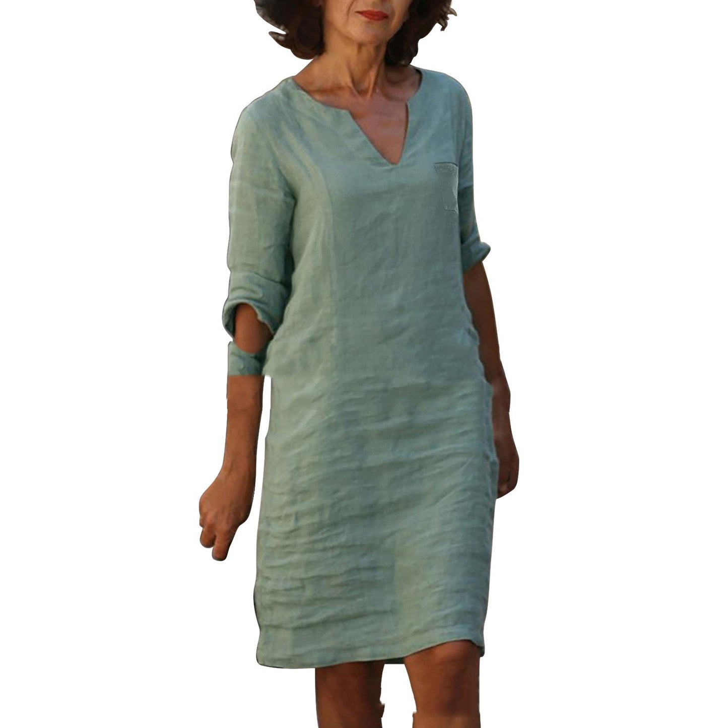 European And American Style With Pockets Spring And Summer Wash Wrinkle Small V-neck Dress