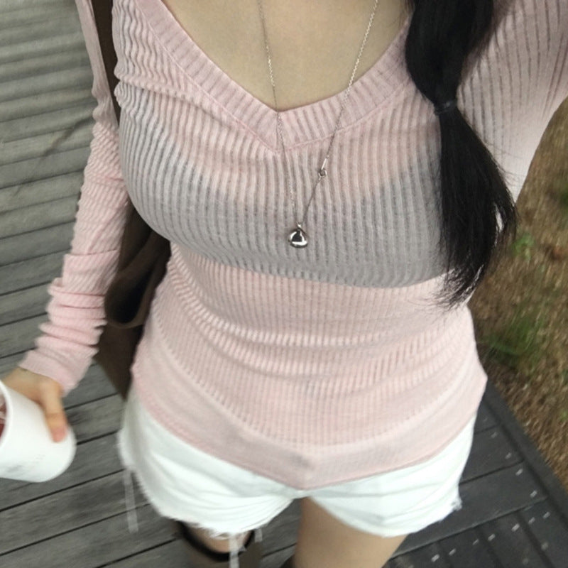 American V-neck Top Long Sleeve Shoulder T-shirt