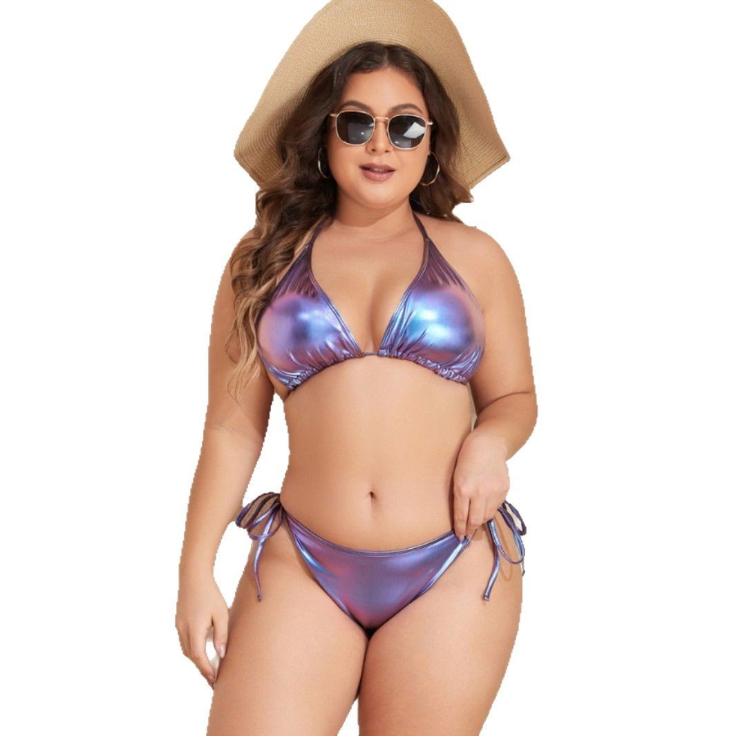 Bikini Bronzing Glossy Halter Lace-up Plus-sized Swimsuit For Women