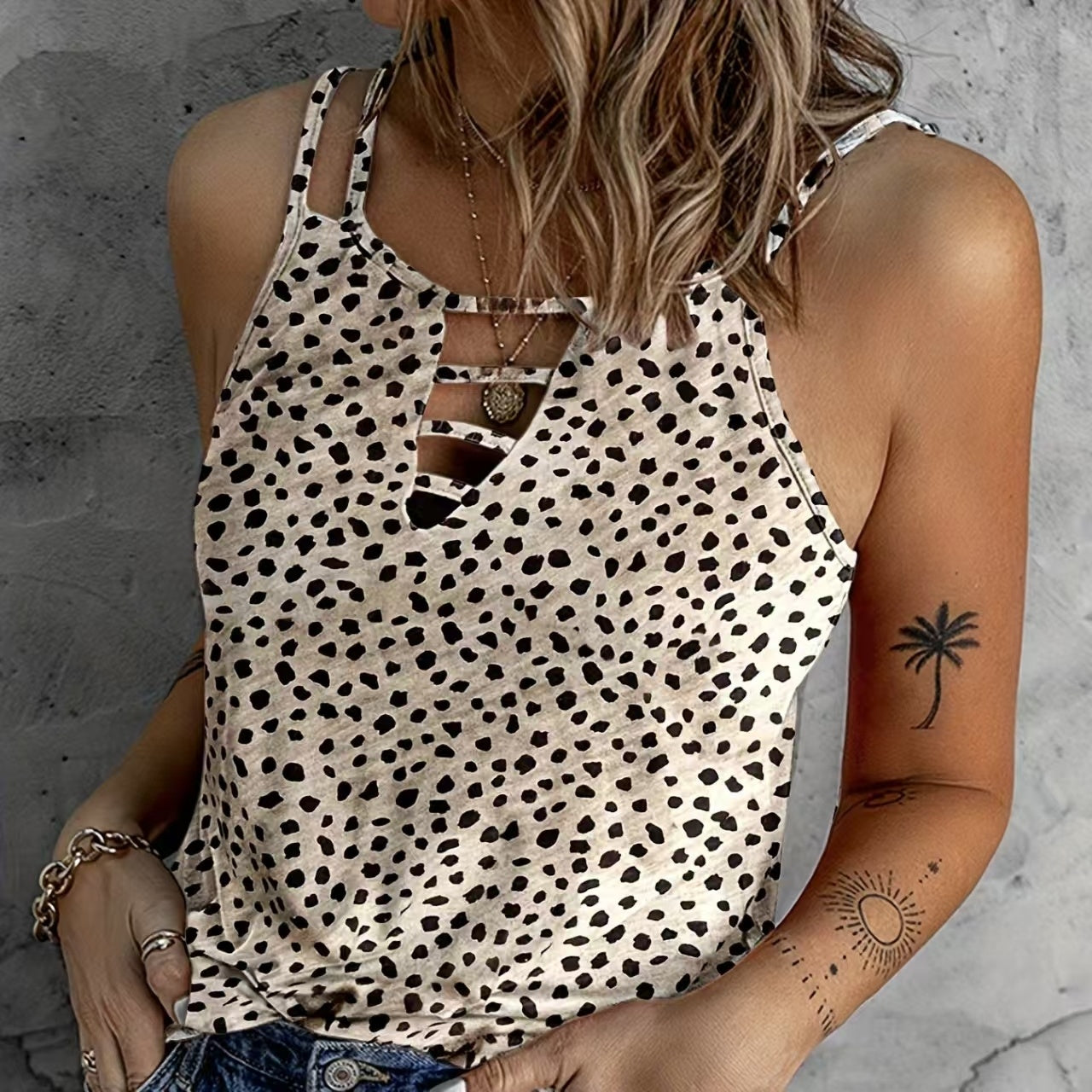 Ladies' Fashionable Casual Solid Color Printed Polka Dot Vest Top