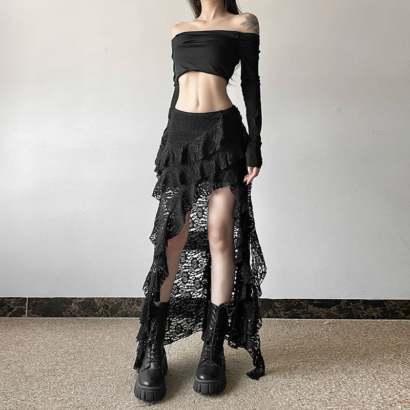 Women's Unique Design Black Lace Wavy Pleated Skirt
