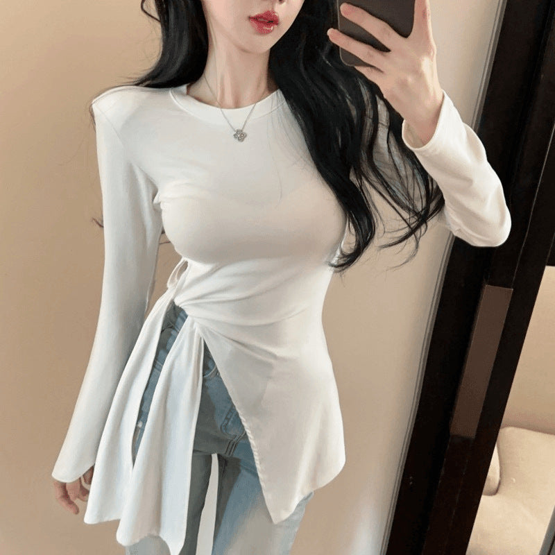 Irregular Slit Waist-tight Strap Long-sleeved T-shirt Women