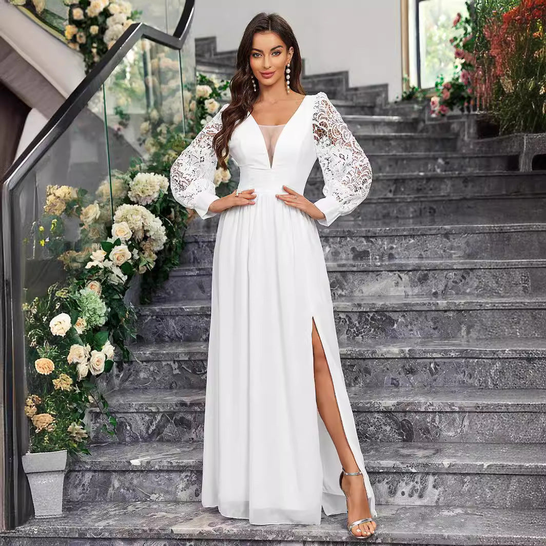 New Solid Color Elegant V-neck Slim Fit Slit Long Sleeve Dress