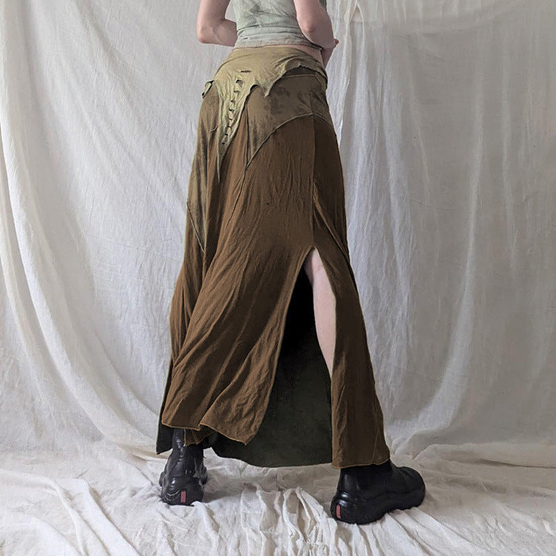 Retro Irregular Patchwork Stitching Long Fish Tail Split Skirt