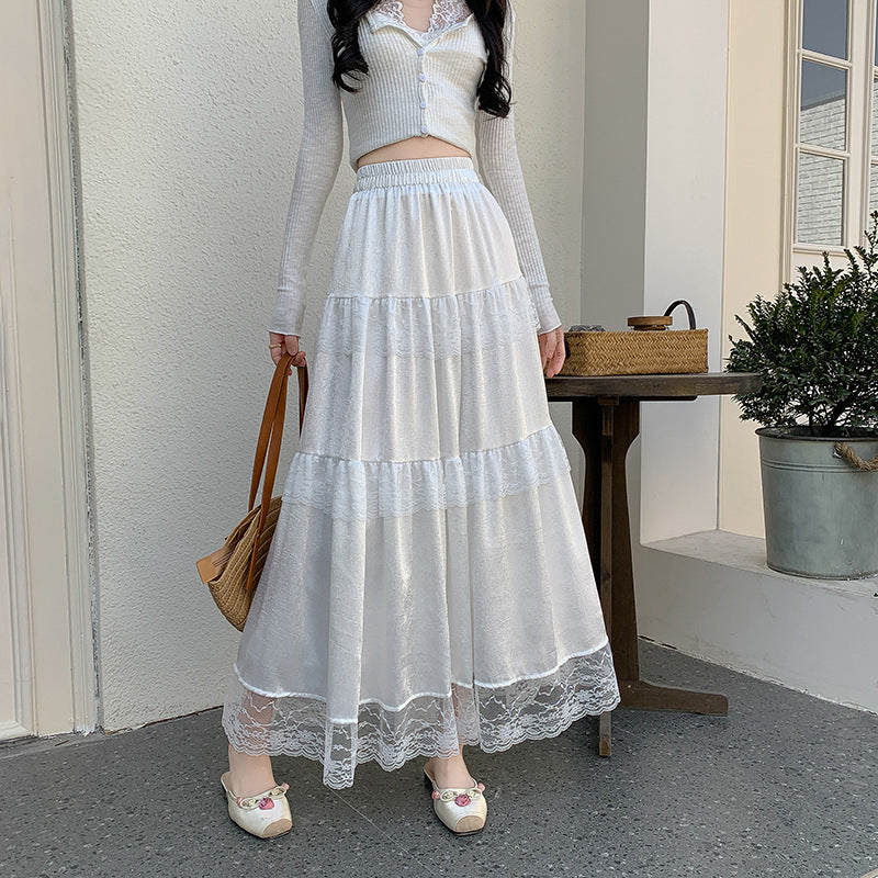 French Style Gentle Ruffled Lace Stitching Tiered Skirt