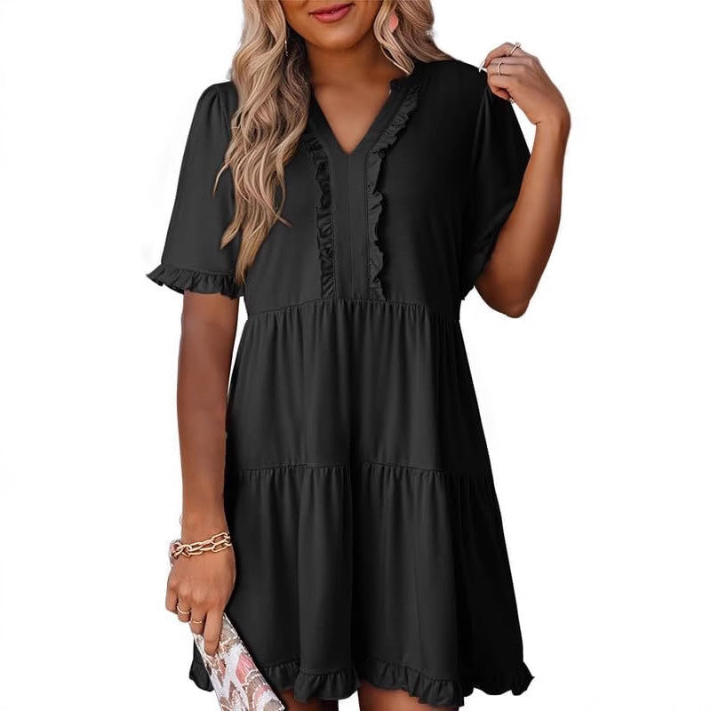Ruffled Dress Short-sleeved V-neck Layered Large Swing Skirt For Women