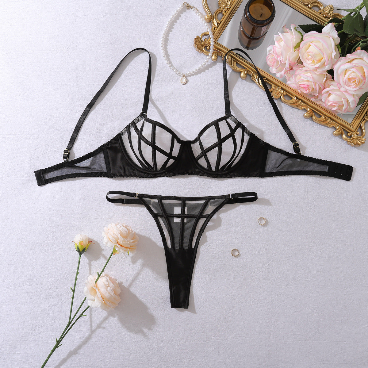 Summer Transparent Mesh Body Shaping Split Adjustment Type Sexy Lingerie Set