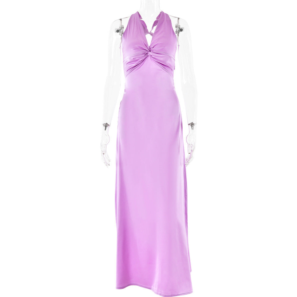 Fashion Sexy V-neck Lace Up Backless Maxi Dress Slim Fit Satin Dress