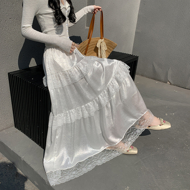 French Style Gentle Ruffled Lace Stitching Tiered Skirt