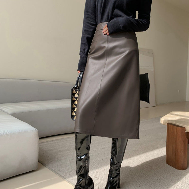 Spring And Autumn New High Waist Simple Version A Versatile Slimming Leather Skirt